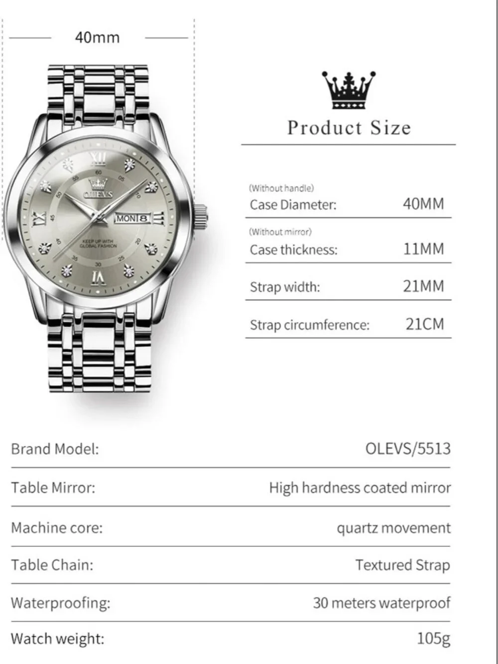 Men's Silver Grey Stainless Steel Luminous Quartz Waterproof Round Classic Watch